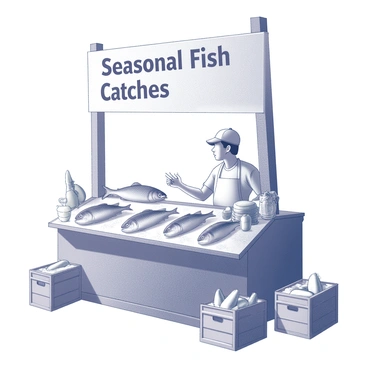 A vendor standing beside a wooden stall, displaying an array of fresh fish catches. The vendor is wearing an apron and a cap, while their hands are gesturing towards the fish. The stall is adorned with a large signboard that has the words "Seasonal Fish Catches" prominently featured in quotes. Various types of fish, such as salmon and trout, are neatly arranged on ice in front of the vendor. Surrounding the stall are small crates filled with more fish and some decorative elements that suggest a maritime theme.