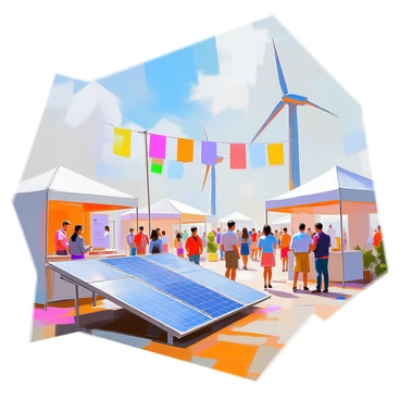 A fair is taking place outdoors, featuring various renewable energy sources prominently displayed. In the foreground, several solar panels are arranged in neat rows, reflecting the sunlight. Nearby, tall wind turbines with white blades are gently rotating in the breeze. Booths are set up throughout the fair, some showcasing informational materials about renewable energy. Attendees of diverse backgrounds are engaging with the exhibits, discussing the technology and its benefits. Colorful banners highlighting sustainable practices are hung above, adding vibrancy to the scene.