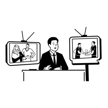 A television sports desk is set up with multiple screens displaying images of athletes. In the center, an anchor wearing a suit is speaking into the camera, with a notepad and pen in front of him. To his left, a large screen shows a football player handing over a check to a representative of a charity organization. To his right, another screen features a basketball player interacting with children at a community event. The background has trophies and sports memorabilia displayed prominently.