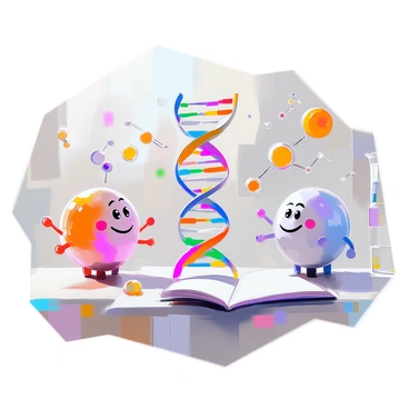 A colorful illustration depicting the central dogma process of molecular biology. At the center, a character representing DNA is shown as a double helix with vibrant colors, with arms and a smiling face. Nearby, a character representing RNA, depicted as a single strand with curly features, is happily transcribing information from the DNA. A third character, representing a ribosome, is illustrated as a round figure with tiny eyes, actively translating the RNA into a chain of amino acids. The background features stylized elements like laboratory equipment and abstract representations of proteins, enhancing the educational theme of the scene.