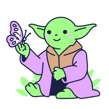 Yoda, a small green-skinned character with large ears and wise eyes, is sitting calmly with a slight smile. In his right hand, he gently holds a butterfly that has open wings displaying intricate patterns. The butterfly rests delicately on his hand, showcasing its vibrant colors and detailed design. Yoda is wearing his traditional brown robe, and the background includes hints of greenery, suggesting a peaceful natural environment. The light gently illuminates both Yoda and the butterfly, emphasizing their interaction.