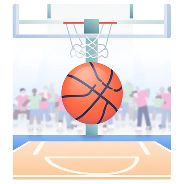 A basketball with a bright orange surface and black seams is perfectly balanced on the rim of a white basketball hoop. The hoop is suspended high above a polished wooden court, with the net hanging down loosely. The court's markings are clearly visible, featuring three-point lines and a free-throw circle. The basketball has a slight sheen, reflecting the bright fluorescent lights above. In the background, there are blurred silhouettes of spectators in a gymnasium, creating a lively atmosphere.