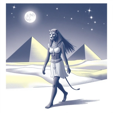 A figure representing "Sekhmet," the ancient Egyptian goddess, is walking gracefully through an ancient Egyptian landscape. She has a lioness head and human body, adorned in traditional Egyptian attire with intricate jewelry. The landscape features tall, golden sand dunes and a distant view of pyramids silhouetted against the night sky. The sky is filled with "stars," shining brightly in patterns. The moon casts gentle shadows over the terrain, illuminating Sekhmet as she strides confidently across the sands.