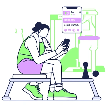 A gym member is sitting on a bench in a fitness center, looking at their smartphone. The member, wearing a tank top and athletic shorts, has a towel draped around their neck. They appear focused as they scroll through the fitness app interface displaying their billing history. The background features gym equipment, including weights and a treadmill. In the upper corner of the smartphone screen, there are icons indicating workout progress and membership status. The setting is bright, highlighting the active atmosphere of the gym.