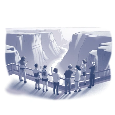 A group of tourists standing at a viewpoint. They are gathered along a wooden railing, capturing photographs and enjoying the view. The canyon below features steep, jagged cliffs with a winding river visible at the bottom. The rock formations display intricate patterns and textures, showcasing the natural erosion. The sky above is open, allowing for expansive visibility of the canyon's grandeur. Some tourists are pointing towards specific features of the landscape while others are engaged in conversation, all dressed in outdoor attire suitable for hiking.