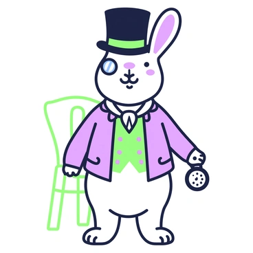A rabbit stands upright, dressed as a Victorian gentleman. The rabbit is wearing a black top hat that sits elegantly atop its head. It has a shiny monocle positioned over one eye, adding a touch of sophistication. The waistcoat is patterned, featuring intricate designs that complement the rabbit’s fur. The rabbit's paws are positioned gracefully, one holding a small pocket watch. In the background, there is a wooden chair that enhances the vintage atmosphere.