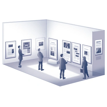 A spacious virtual gallery interior with high ceilings and minimalist white walls. The gallery is filled with framed newsletter covers, each displayed as an art piece. The covers vary in design, featuring bold typography and striking graphics. Some frames are hung at eye level, while others are positioned on stands to create depth. Soft lighting illuminates each piece, highlighting the intricate details of the designs. Visitors can be seen admiring the covers, engaging in conversation about the art displayed. "Newsletter Exhibit" is written in bold letters on a wall plaque near the entrance.