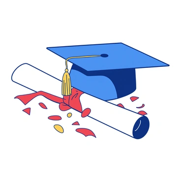 A blue graduation cap is placed on top of a rolled white diploma secured with a golden ribbon. The diploma is lying on a flat surface, while colorful confetti in shades of red and yellow is scattered around the cap and diploma. The confetti is in various shapes and sizes, creating a festive atmosphere. The background is a smooth white, emphasizing the celebratory elements in the foreground.