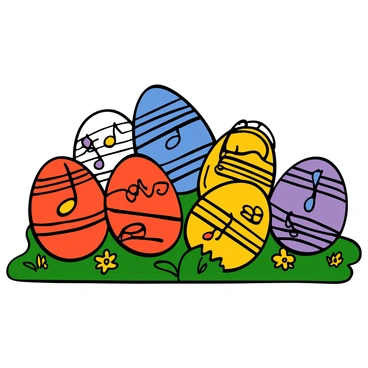 A collection of colorful Easter eggs, each uniquely decorated with intricate patterns of musical notes and various musical instruments. Some eggs feature flowing lines of sheet music, while others showcase illustrations of guitars, pianos, and trumpets. The eggs are arranged on a grassy surface, surrounded by small flowers and bright green leaves, highlighting the festive theme of Easter. Each egg has vibrant colors such as red, blue, yellow, and purple, enhancing the overall lively appearance.