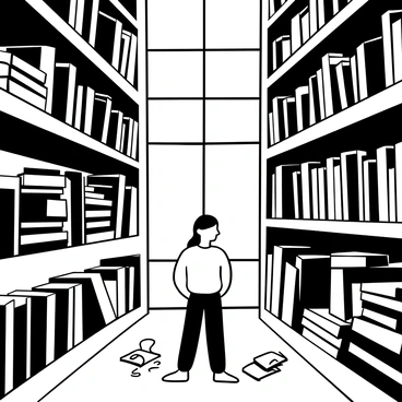 A person standing between towering bookshelves filled with numerous books, some stacked haphazardly while others are neatly arranged. Soft light filters in from high windows, casting gentle shadows on the polished wooden floor. The shelves stretch upwards, creating an overwhelming sense of depth and knowledge. The person is dressed in a simple outfit, their silhouette contrasting against the books. Around them, scattered papers and an open book are placed on a nearby table.