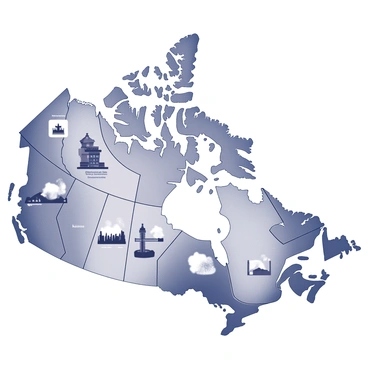 An illustrated map of Canada featuring various geographic regions. The map includes detailed representations of landmarks such as the "CN Tower" in Toronto, depicted as a tall, slender structure with a rounded observation deck. "Niagara Falls" is illustrated with flowing water and mist, showcasing its grandeur. Other notable landmarks are scattered throughout the map, each marked with distinct icons and descriptions. The overall layout displays the provinces and territories, with lines indicating major highways connecting the landmarks. The map is designed with clear labels and borders, enhancing the visual experience of Canada’s attractions.