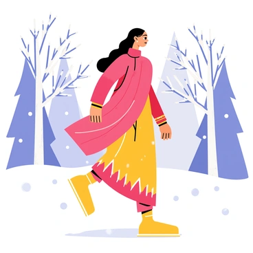 A woman wearing a vibrant, warm, woolen saree in shades of red and gold is walking through a snowy landscape. The saree drapes elegantly around her, contrasting beautifully with the white snow covering the ground. Snow-laden trees surround her, their branches heavy with frost. Soft snowflakes are gently falling from the sky, creating a magical atmosphere. The woman has a serene expression, and her long hair flows freely behind her as she strides gracefully through the winter wonderland.