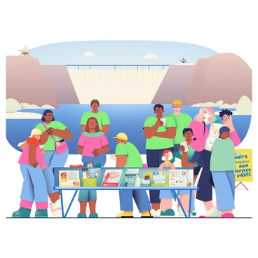 A large crowd of families is gathered at the Hoover Dam, engaging in a community outreach event focused on water conservation. Children with diverse backgrounds are playing interactive games and participating in hands-on activities related to conservation. A table displays colorful brochures and educational material about sustainable water practices. In the background, the imposing structure of the dam and the blue waters of the reservoir create a stunning backdrop. Some parents are taking notes, while others are speaking with enthusiastic volunteers wearing green shirts that promote water-saving initiatives. Bright banners with the phrase "Learn to Conserve Water" are visible, fluttering in the gentle breeze.