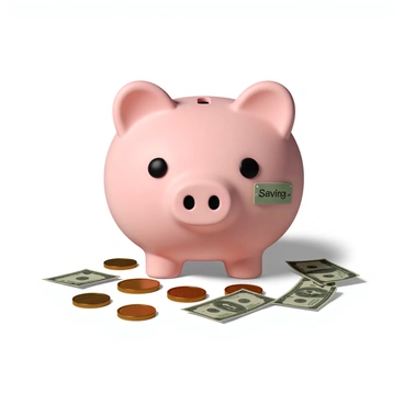 A cheerful pink piggy bank with a glossy finish, featuring a large slot on top for inserting coins. It has big, round eyes and a wide smile, giving it a friendly appearance. Surrounding the piggy bank are a variety of shiny coins scattered across a flat surface, along with several crisp dollar bills arranged artistically around it. A small label affixed to the side of the piggy bank reads "Savings" in bold, clear letters. The overall scene conveys a sense of financial optimism and celebration.