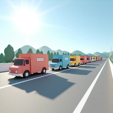 A convoy of delivery cars, including red, blue, and yellow vehicles, cruising down a wide highway. The cars are lined up in a staggered formation, each with the company logo prominently displayed on their side doors. The highway is surrounded by green trees and hills in the background, while a clear blue sky stretches overhead. The sun is shining brightly, casting shadows of the cars onto the asphalt, and the scene conveys a sense of movement as the cars are in the process of delivering goods.