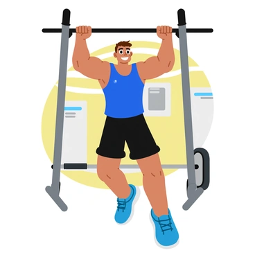 A person with a bright smile on their face is hanging from a pull-up bar. Their arms are flexed, showcasing muscle definition, and beads of sweat glisten on their forehead. The individual is wearing a vibrant blue tank top and black shorts, with sneakers visible on their feet. In the background, a gym setting is visible, with exercise equipment and motivational posters on the walls. The person's eyes sparkle with excitement, and their body language exudes a sense of triumph and accomplishment.