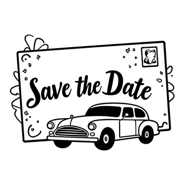 A vintage-style postcard featuring the words "Save the Date" prominently displayed beside a classic car. The classic car, detailed with elegant curves and chrome accents, stands at an angle to showcase its design. The background has decorative vintage elements, such as ornate floral patterns and aged textures, enhancing the postcard's nostalgic feel. The postcard edges are slightly rounded, giving it an authentic vintage appearance.