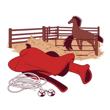 A red saddle is placed on the ground next to a white lasso coiled neatly. To the side, a pair of shiny silver spurs glisten in the sunlight. In the background, there is a bucking bronco enclosed within a rustic wooden pen, its mane flowing as it rears up. Dust is kicked up around the pen, adding a sense of action to the scene. The saddle and lasso are positioned in a way that suggests readiness for the upcoming rodeo event.