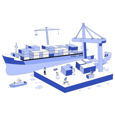 A large cargo ship is positioned at a busy dock. The ship is loaded with multiple shipping containers stacked in various sizes, showing distinct patterns and shapes. Cranes are visible in the background, towering over the dock, with some actively lifting containers from the ship. The dock area is bustling with activity, featuring workers in safety gear moving about, handling cargo, and coordinating the unloading process. There are several smaller boats nearby, and the water around the dock reflects the structures and activities taking place.