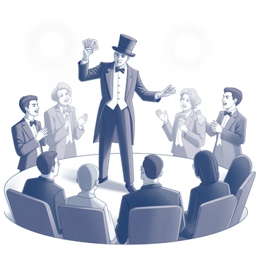 A magician stands on a stage, dressed in a classic tuxedo with a top hat. He is mid-performance, with one hand raised dramatically, holding a deck of cards. The other hand is gesturing, inviting the audience to watch closely. The audience is visible in the foreground, with various individuals displaying expressions of surprise and awe. Some are leaning forward in their seats, while others are clapping and gasping in amazement. The stage is illuminated with bright lights, enhancing the atmosphere of excitement and wonder surrounding the magic show.