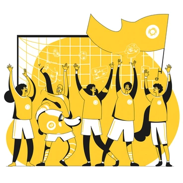 A group of enthusiastic fans is standing together in a stadium, wearing matching yellow jerseys with team logos. They are holding large banners and flags, waving them energetically. One fan in the front has a megaphone and is shouting, while others are clapping and jumping in excitement. The atmosphere is electric, with some fans lifting their arms in celebration. In the background, a soccer field can be seen, and the players are celebrating a goal, adding to the overall excitement of the moment.