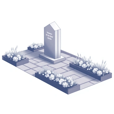 A garden dedicated to martyrs, designed with symmetrical pathways lined with carefully placed stones. There are several raised flower beds filled with blooming flowers of various shapes and sizes. Each flower bed is separated by small hedges, contributing to the overall structure and organization of the garden. A central monument stands proudly, commemorating the martyrs with an inscription that reads "In Memory of the Brave." Surrounding the monument are clusters of flowers arranged in a way that creates a harmonious and respectful atmosphere.