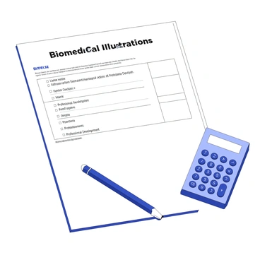 A form is laid out on a clean surface, featuring a detailed list of tax deductions specifically for biomedical illustrators. The form includes sections for various deductions, such as expenses for software, materials, and professional development. A sharpened pencil rests beside the form, ready for note-taking. Next to the pencil, a calculator is positioned, displaying numbers that indicate calculations related to the deductions. The setting conveys a workspace atmosphere focused on organization and financial planning.