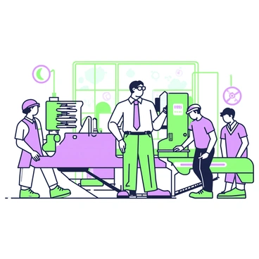 A man with a distinguished appearance is inspecting machinery in a bustling factory setting. He is wearing a formal shirt and trousers, accompanied by safety glasses. Around him, various machines are operating, with some machines showing rotating parts and others displaying control panels. Factory workers in uniforms are engaged in their tasks, moving about with focus. The environment consists of large machines, conveyor belts, and tools scattered around the workspace. A large window provides a view of the exterior, showcasing a bright day outside.