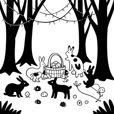 A lush forest grove with towering trees, their branches intertwined and decorated with long strands of "fairy lights" that twinkle softly. Various animals, including rabbits, deer, and foxes, are gathered in a circle, surrounded by "colorful decorated eggs" spread across the ground. A "large basket filled with eggs" sits prominently in the center, with some animals playfully interacting with the eggs. Delicate flowers bloom at the base of the trees, adding to the festive atmosphere of the scene.