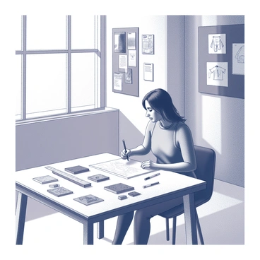A fashion designer is seated at a drafting table in a studio filled with natural light. They are sketching designs for a clothing collection, surrounded by swatches of fabric made from reused and recycled materials. The designer, focused intently on their work, holds a pencil in one hand, while the other hand rests on a completed sketch. Various tools such as scissors, a ruler, and markers are scattered on the table. The walls of the studio are adorned with inspirational mood boards, showcasing textures and patterns. A large window allows sunlight to stream in, creating a bright and airy atmosphere.