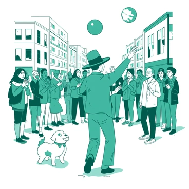 A teal street performer is skillfully juggling three colorful balls in the center of a bustling city square. The performer is wearing a vibrant costume with bright patterns, and a wide-brimmed hat perched jauntily on their head. A diverse group of fascinated onlookers, including children and adults, are gathered around, their expressions filled with amazement. Some of the crowd are clapping while others hold their phones up to capture the performance. Nearby, a small dog with a fluffy white coat watches intently, adding to the lively atmosphere.