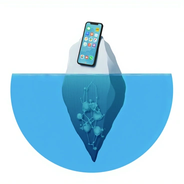 A large iceberg floats in a deep blue ocean. The visible part above the water is shaped like a sleek smartphone display, featuring various colorful application icons such as messaging, social media, and productivity apps. Below the surface, the submerged part of the iceberg reveals a complex network of interconnected shapes and lines, symbolizing various APIs. The underwater section is translucent, allowing a glimpse of the intricate structures that demonstrate the connectivity and functionality of the APIs in a detailed manner.