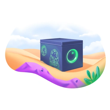 A black box with mysterious alien symbols found in a desolate desert landscape