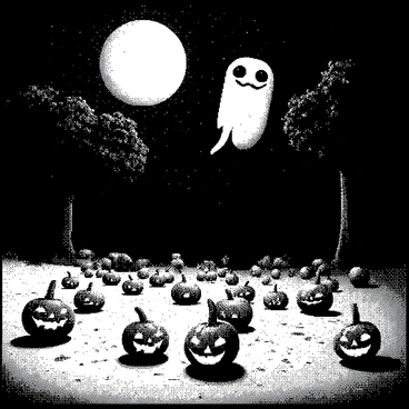 A Minecraft scene is set in a pixelated landscape during Halloween. "Pumpkins" with carved faces are scattered throughout the scene, some glowing brightly. "Ghosts" with cartoonish features float gently above the ground. The terrain features blocky trees with sparse leaves and a dark, starry sky overhead. The moon is large and full, casting a soft light on the ground. Shadows stretch across the ground, adding depth to the scene.