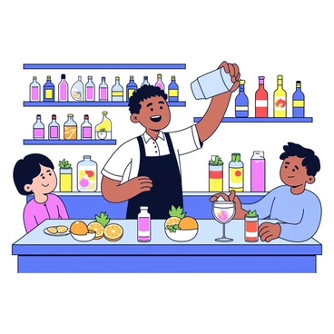 A bar setting featuring a bartender in a white shirt and black apron. The bartender is in the process of preparing a vibrant apero cocktail. Fresh ingredients such as sliced oranges, sprigs of mint, and colorful liqueurs are spread out on the bar. The cocktail shaker is raised high, and the bartender is pouring the mixture into a tall glass filled with ice. Behind the bartender, shelves lined with various bottles of spirits and garnishes are visible. A few patrons can be seen at the bar, eagerly watching the cocktail preparation.