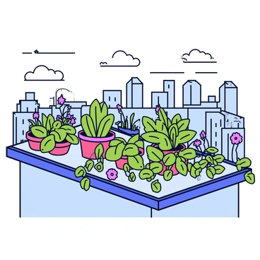 A rooftop garden filled with vibrant green plants and colorful flowers, thriving in their space. The garden features potted herbs, leafy vegetables, and climbing vines, all arranged neatly. In the background, a city skyline is visible, showing tall buildings and a cloudy sky. Below the rooftop, signs of pollution are evident, with gray smog and a faint haze enveloping the city streets. The contrast between the flourishing garden and the polluted environment below is striking.