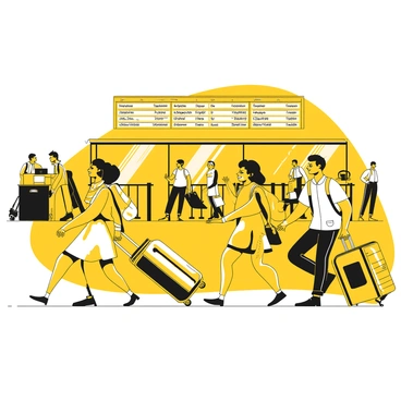 A group of travelers moving quickly through a busy airport terminal. Some individuals carry large, colorful suitcases while others have backpacks slung over their shoulders. The travelers exhibit a mix of expressions, from urgency to excitement. The terminal features electronic flight information displays above, showing various departures and arrivals. In the background, other passengers are seated near gates, and airport staff are seen assisting travelers. Bright lights illuminate the scene, enhancing the atmosphere of activity and transit.