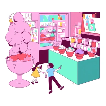 A group of children is playing hide-and-seek in a vibrant ice cream shop filled with colorful ice cream displays. One child, wearing a blue shirt, peeks behind a large display of pink strawberry ice cream cones, while another child, in a yellow dress, crouches behind a teal counter filled with scoops of various flavors. The shop is adorned with bright banners, and there are various ice cream flavors in red, orange, and purple tubs all around. The scene is lively with laughter as the children enjoy the game amidst the delicious treats.