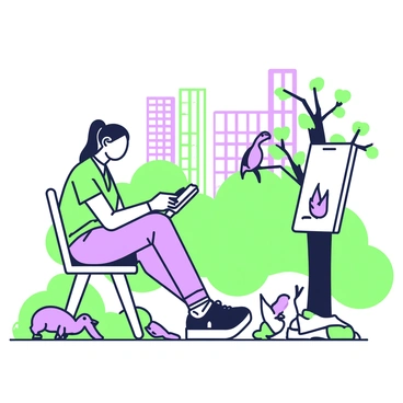 An artist is sitting on a bench in a city park, sketching with a pencil on a notepad. The artist has long hair tied back and is wearing a casual shirt and pants. Around the artist, various urban wildlife can be seen. A squirrel is nearby, sitting on a tree branch, while a couple of birds are perched on the ground, searching for seeds. In the background, tall buildings are visible, contrasting with the greenery of the park. The scene captures the interaction between nature and urban life.