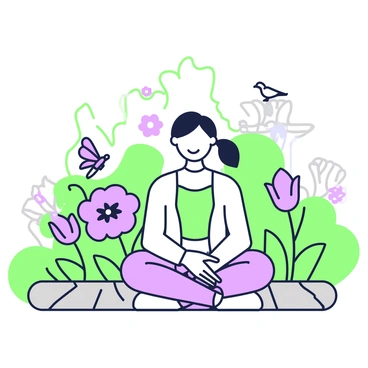 A person is sitting cross-legged on a stone path in a garden. They are wearing a light-colored outfit and have a serene expression on their face. Surrounding them are various blooming flowers in vibrant colors, with some large petals prominently displayed. There is a butterfly gently resting on a nearby flower. A small bird is perched on a decorative fountain in the background, which has water gently flowing from its spout. Lush greenery frames the scene, adding to the natural beauty.