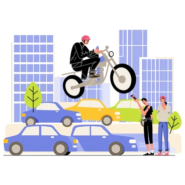 A motorcyclist wearing a black leather jacket and a bright red helmet is performing a daring stunt on a busy city street. The motorcycle is lifted into the air, showcasing its shiny chrome and sleek design. Surrounding the motorcyclist, there are several cars in vibrant colors, including blue, yellow, and green, stuck in traffic. Tall buildings with large glass windows rise in the background, and a few pedestrians are watching the stunt in amazement, some with their phones raised to capture the moment. The scene is lively and full of energy.