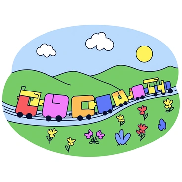 A train composed of colorful carriages, each uniquely shaped like distinct letters of the alphabet. The train is traveling along a winding track that runs through a vibrant countryside. The landscape features rolling green hills and scattered wildflowers in shades of yellow, purple, and red. In the background, there are a few fluffy white clouds drifting across a bright blue sky. The sun shines down, illuminating the train and the surrounding scenery. Each letter-shaped carriage displays a bold, bright color, contrasting with the natural beauty of the countryside.