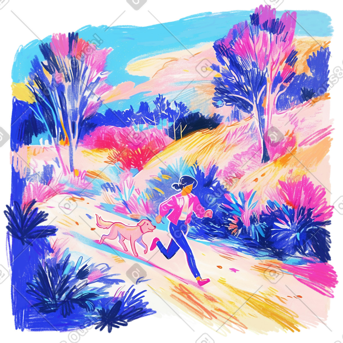 Ilustración Persona corriendo con un perro por sendero forestal colorido en estilo Fuchsia a descargar en PNG y SVG
