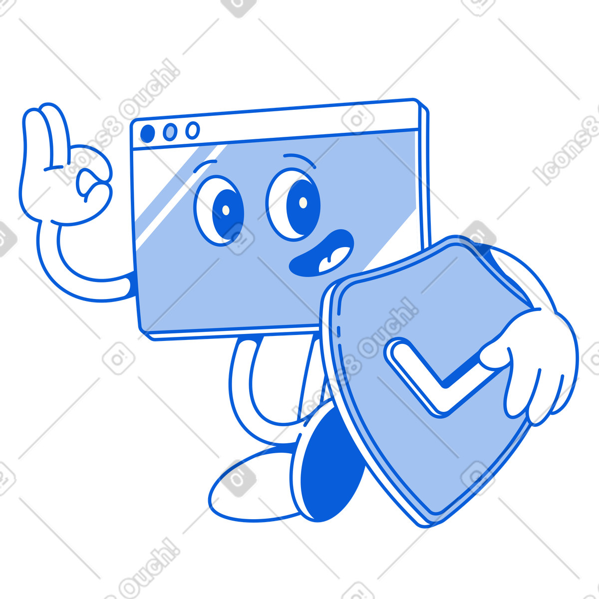 Happy browser window holding shield with checkmark, Cyber security and privacu illustration in Handy Line style download in PNG, SVG