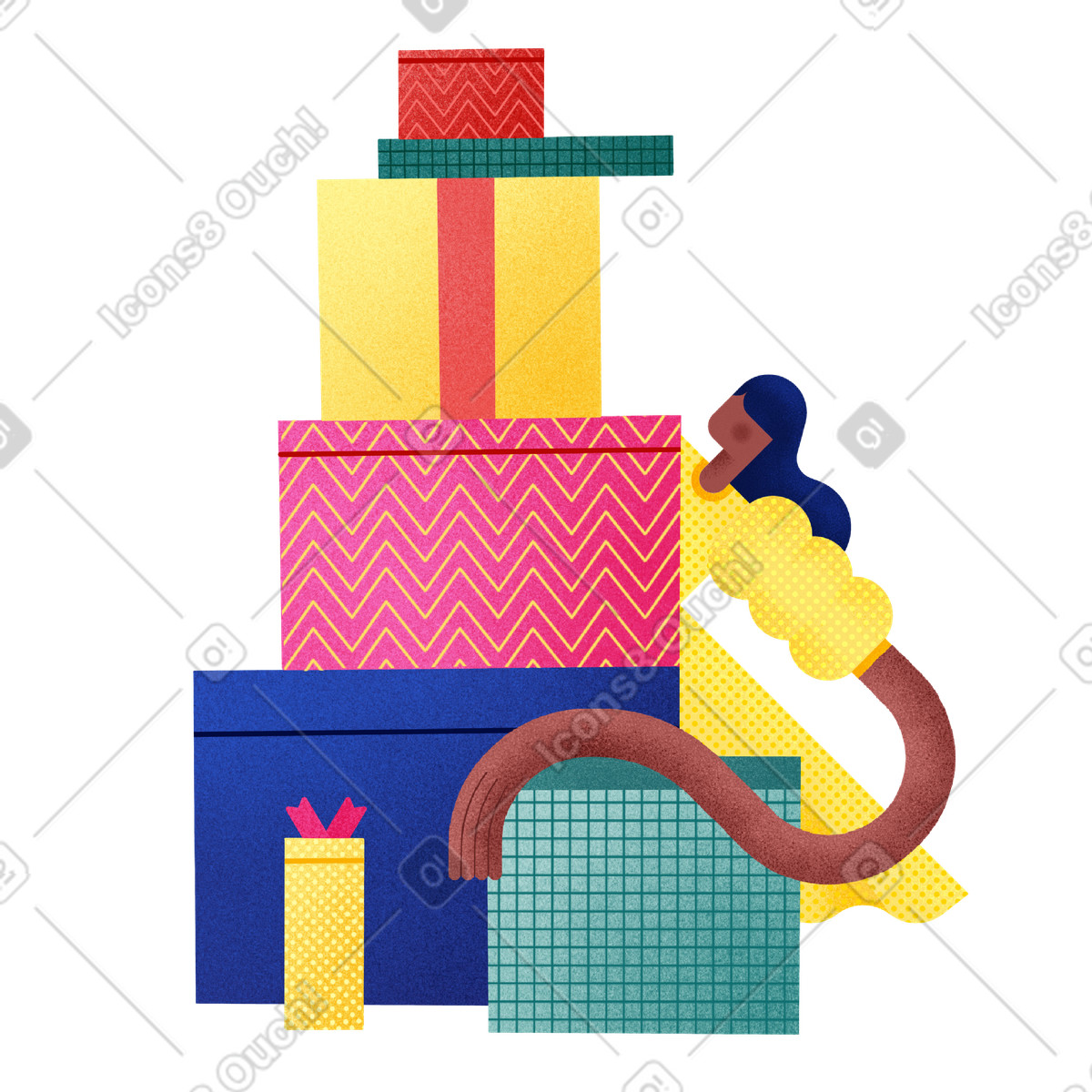 Ilustración Receiving stack of colorful gift boxes, Gift-giving or Birthday party en estilo Willowy a descargar en PNG y SVG
