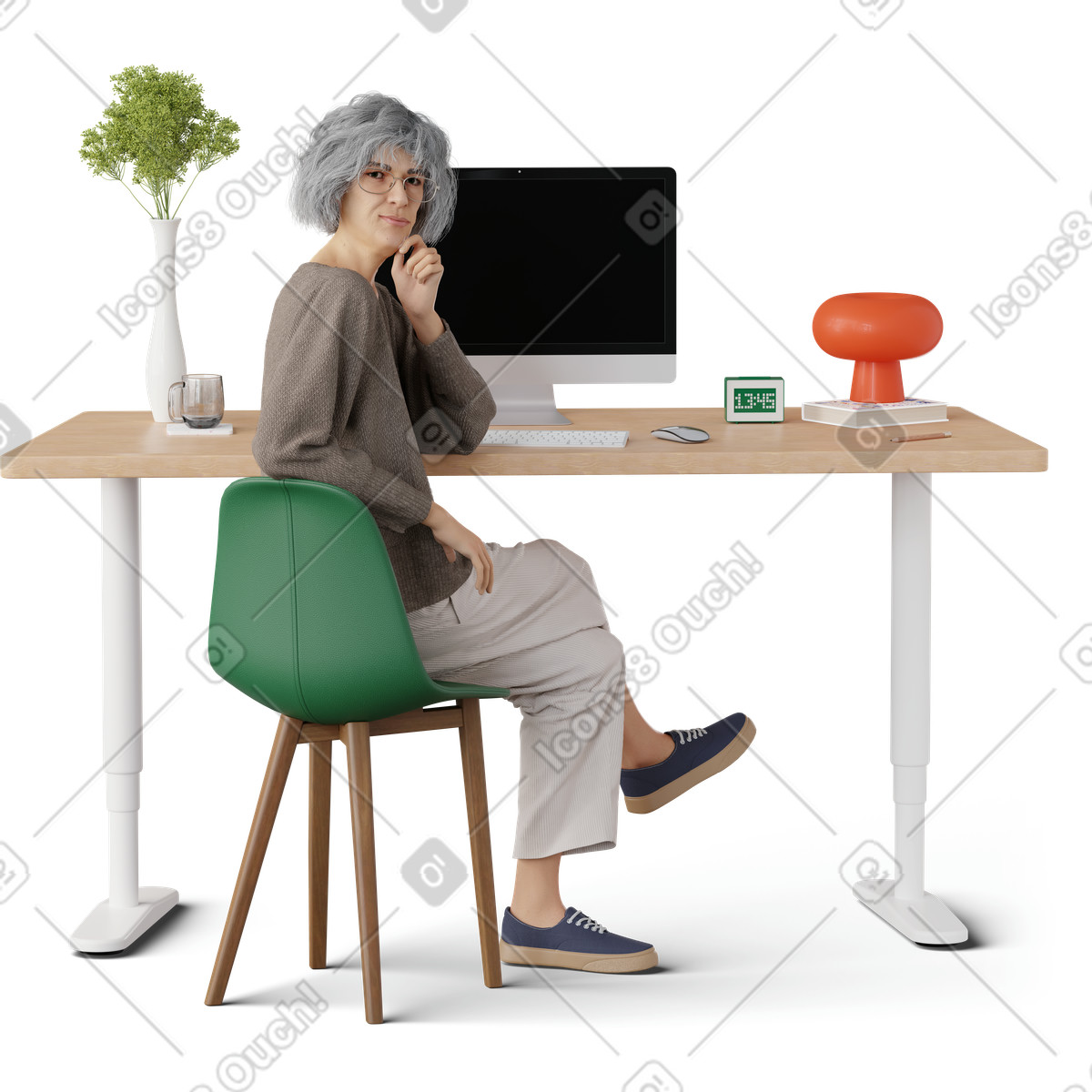 3D Hygge スタイルの Old woman sitting in front of computer のイラストをPNG、SVG形式でダウンロード