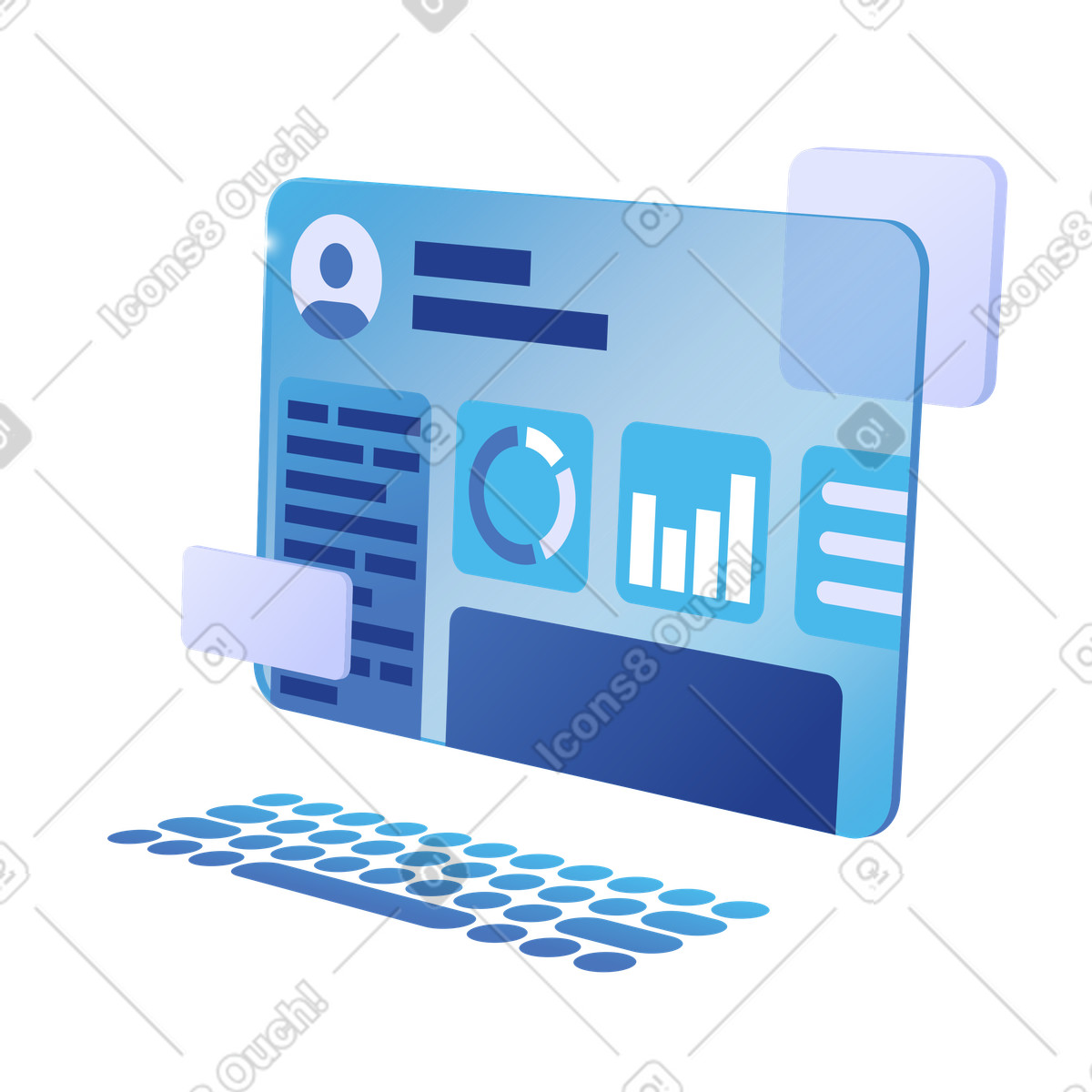 Workplace with display and keyboard, Product Analytics Dashboard with Charts and Insights illustration in PNG, SVG