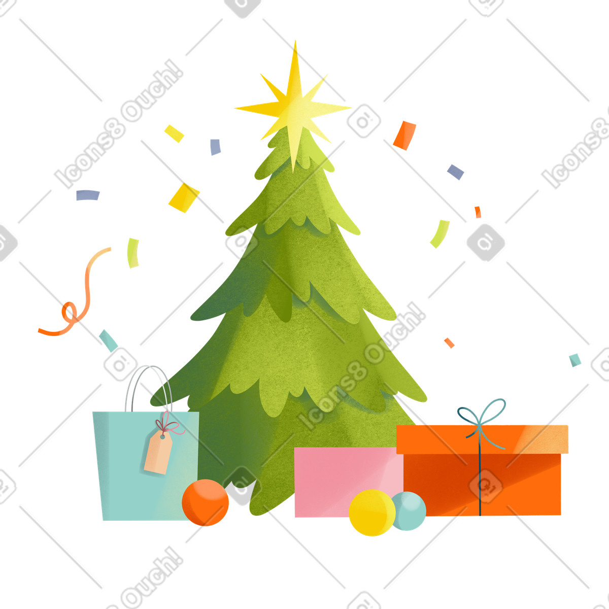Illustration Christmas tree with colorful gift boxes, Festive winter decoration dans le style Shine à télécharger aux formats PNG, SVG
