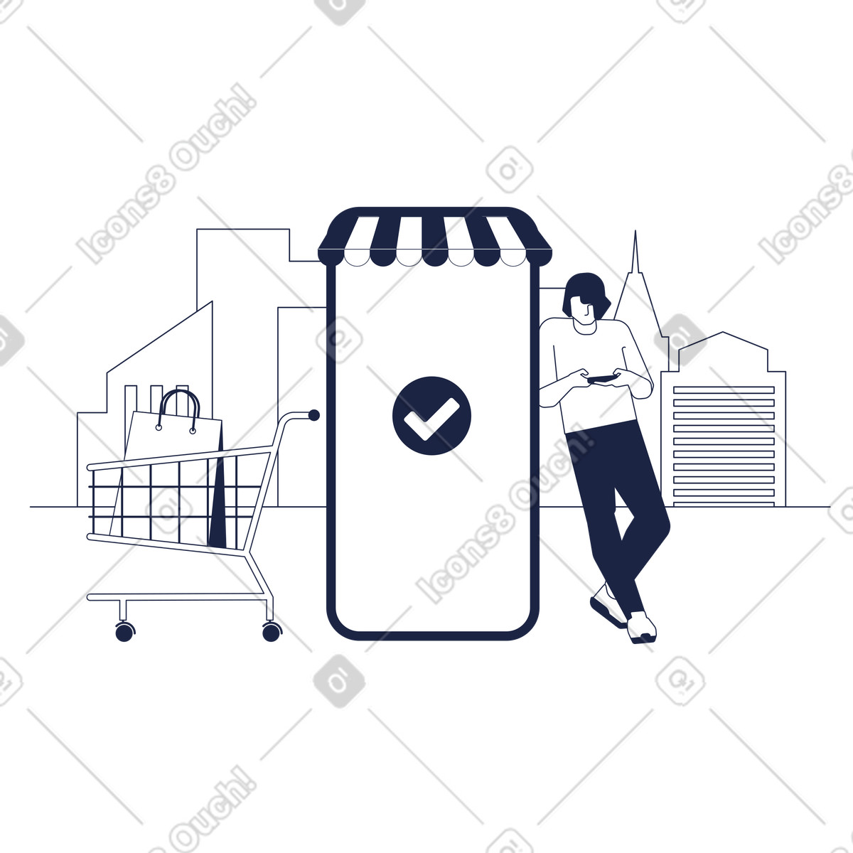 Ilustración Hombre haciendo compras en la tienda online, bolsa de está su carrito supermercado estilo Urban Line a descargar PNG y SVG