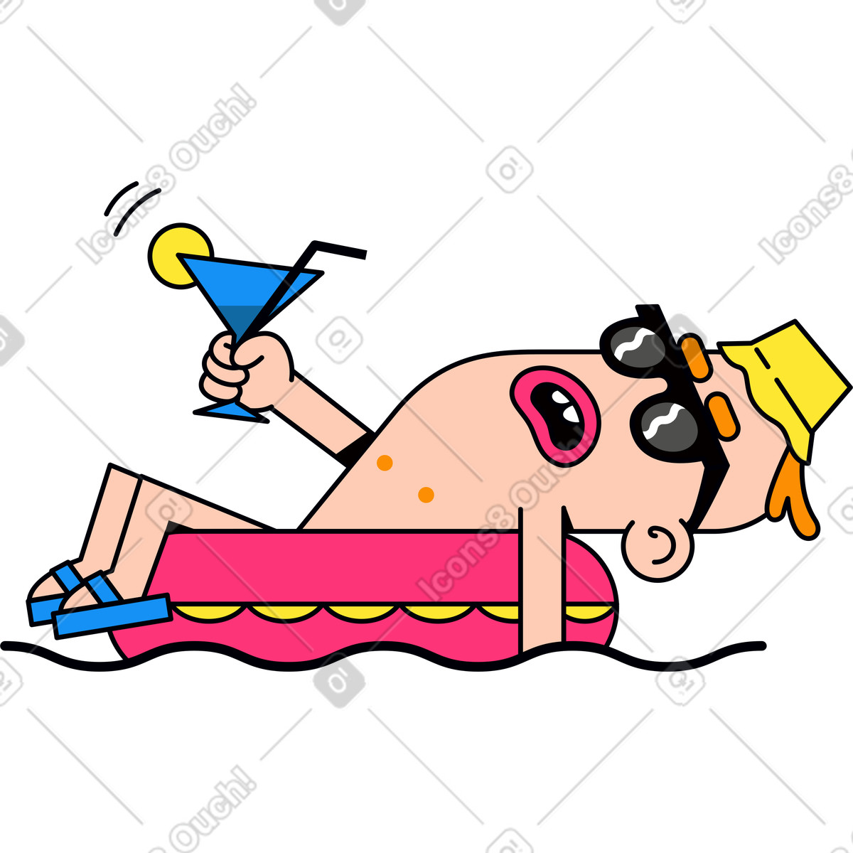 Illustration Personnage relaxant sur un bagel avec cocktail dans les mains le style Droll à télécharger aux formats PNG, SVG